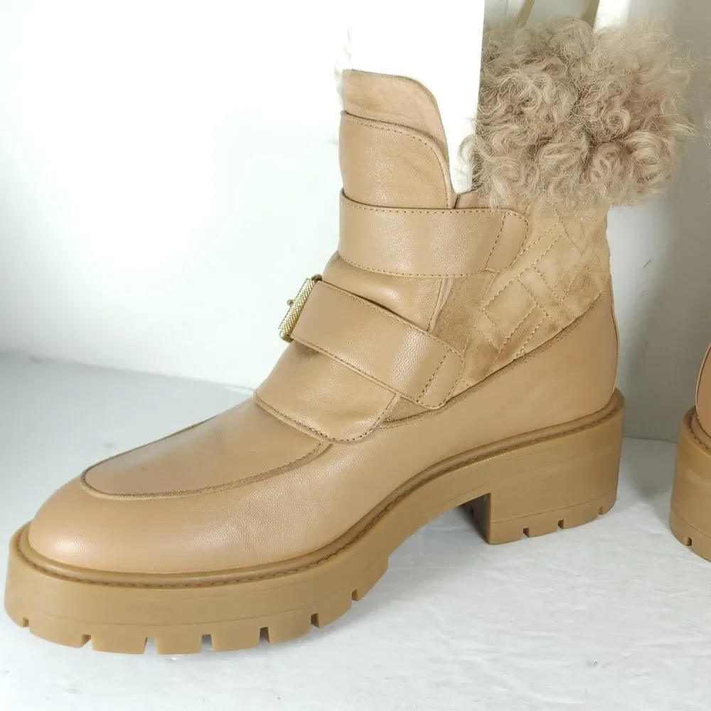 Aquazzura Women's Ryan US8,5 EU39 Bisque Leather Suede Lug Sole Shearling boots
